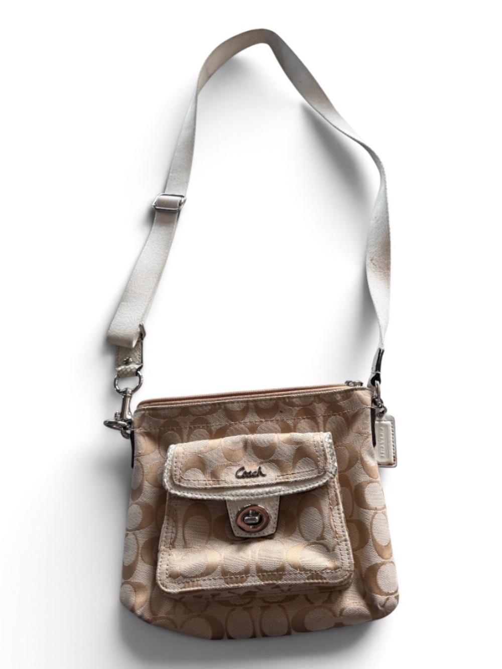 Coach Signature Jacquard Crossbody Swingpack Khaki Canvas White Leather Trim
